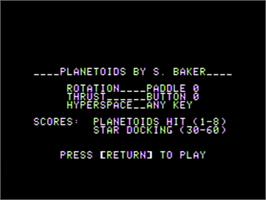 Title screen of Planetoids on the Apple II.