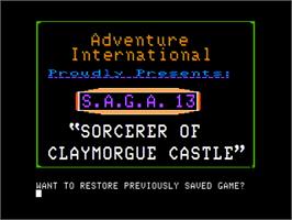 Title screen of Sorcerer of Claymorgue Castle on the Apple II.