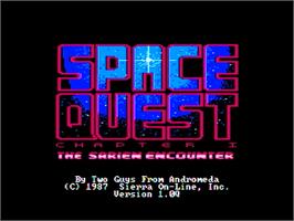 Title screen of Space Quest I: Roger Wilco in the Sarien Encounter on the Apple II.