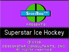 Title screen of Superstar Ice Hockey on the Apple II.