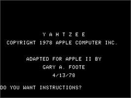 Title screen of Yahtzee on the Apple II.