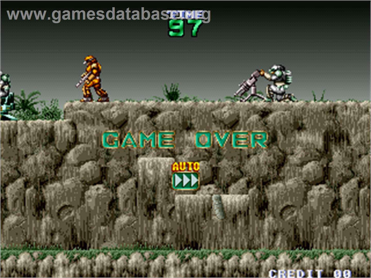 Gunforce - Battle Fire Engulfed Terror Island - Arcade - Artwork - Game Over Screen