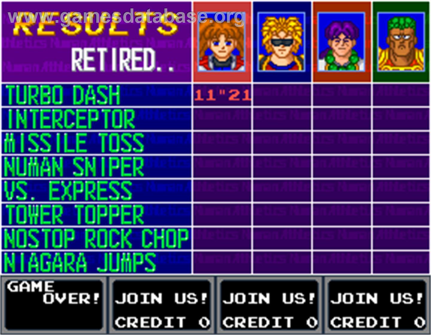 Numan Athletics - Arcade - Artwork - Game Over Screen