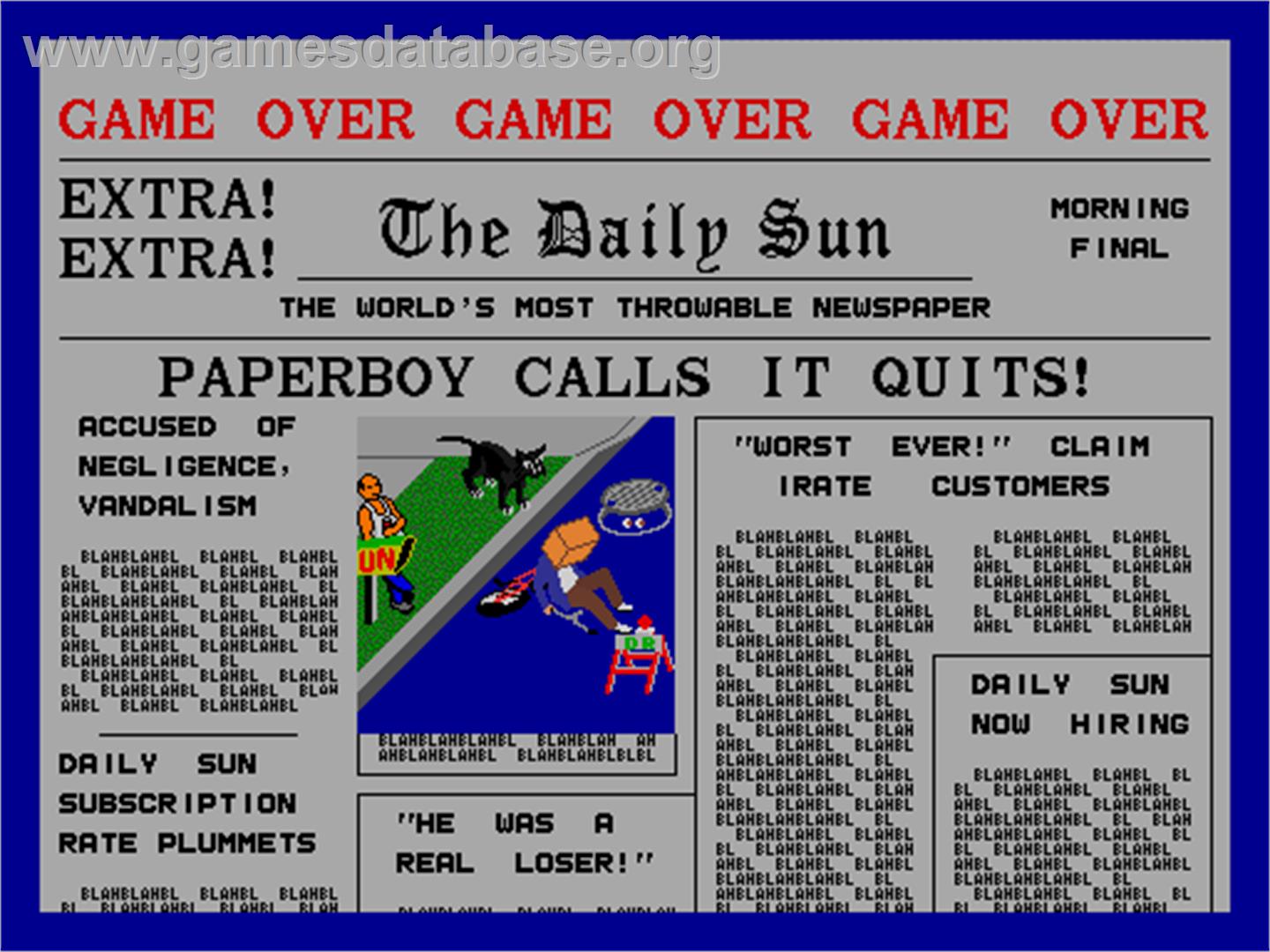 Paperboy - Arcade - Artwork - Game Over Screen