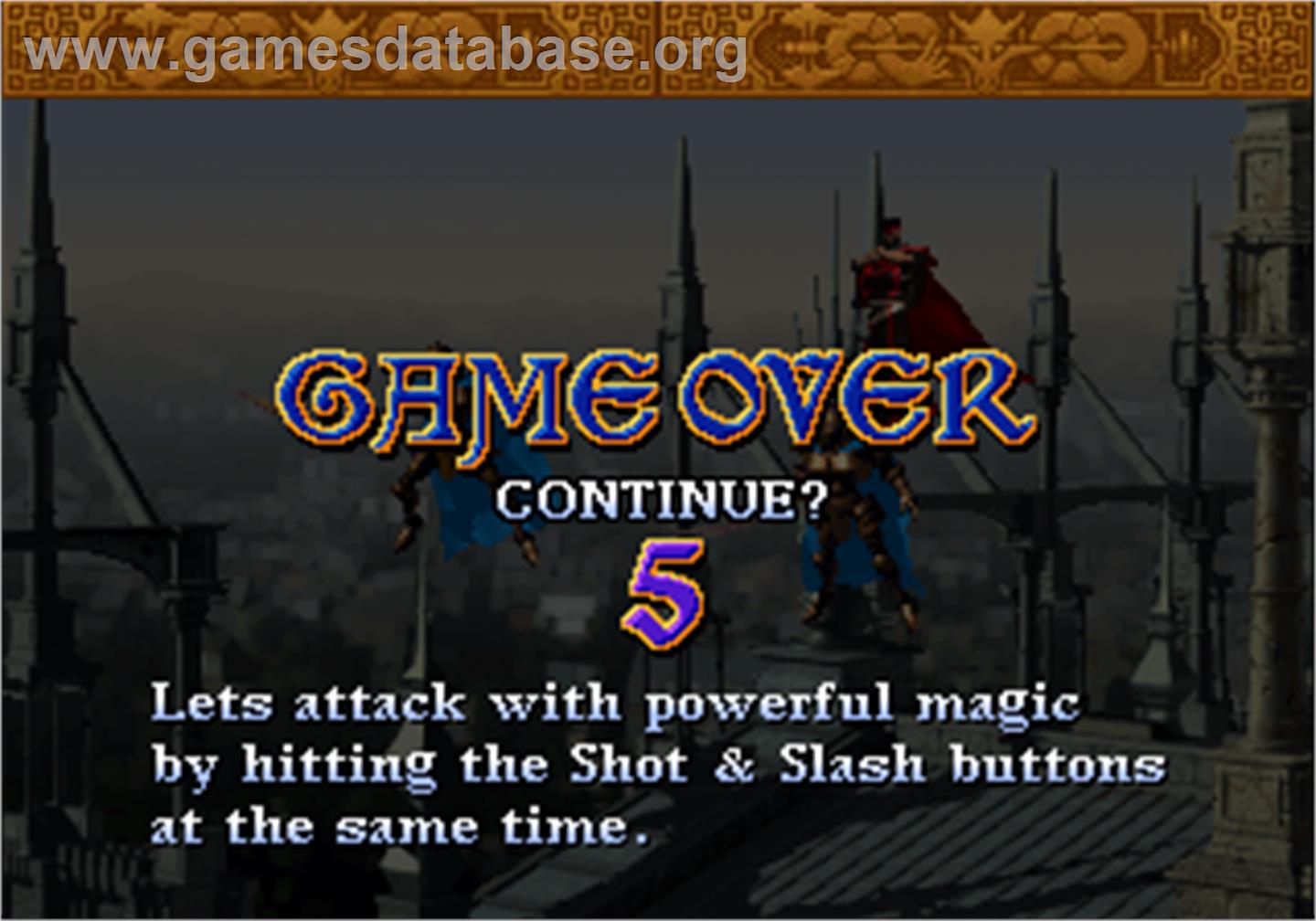 Sol Divide - The Sword Of Darkness - Arcade - Artwork - Game Over Screen
