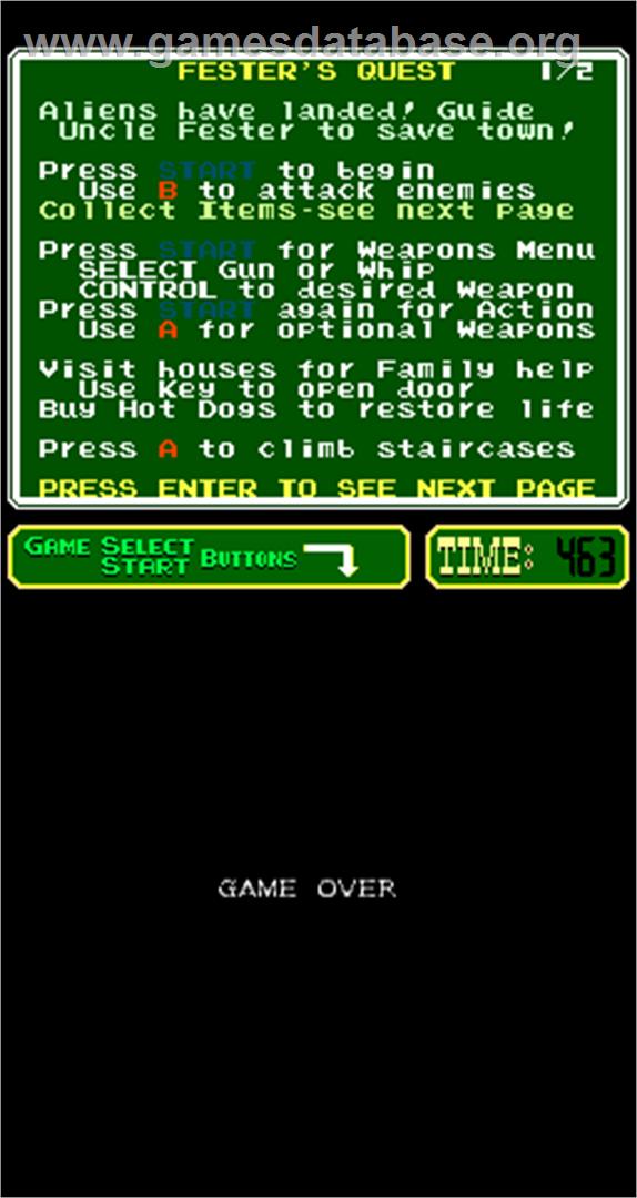 Uncle Fester's Quest: The Addams Family - Arcade - Artwork - Game Over Screen