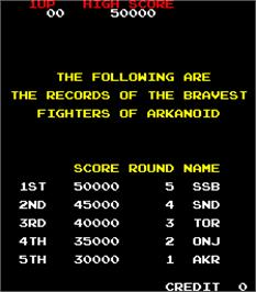 High Score Screen for Arkanoid.