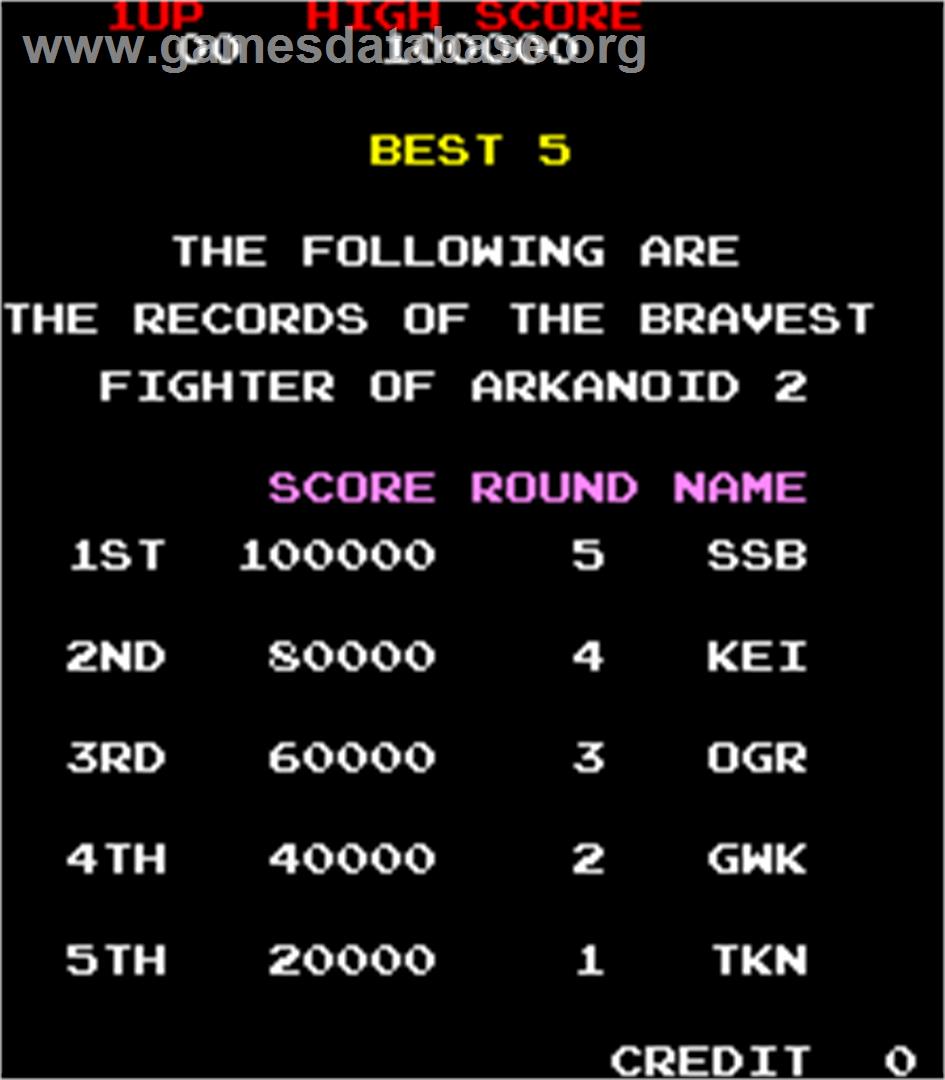 Arkanoid - Revenge of DOH - Arcade - Artwork - High Score Screen