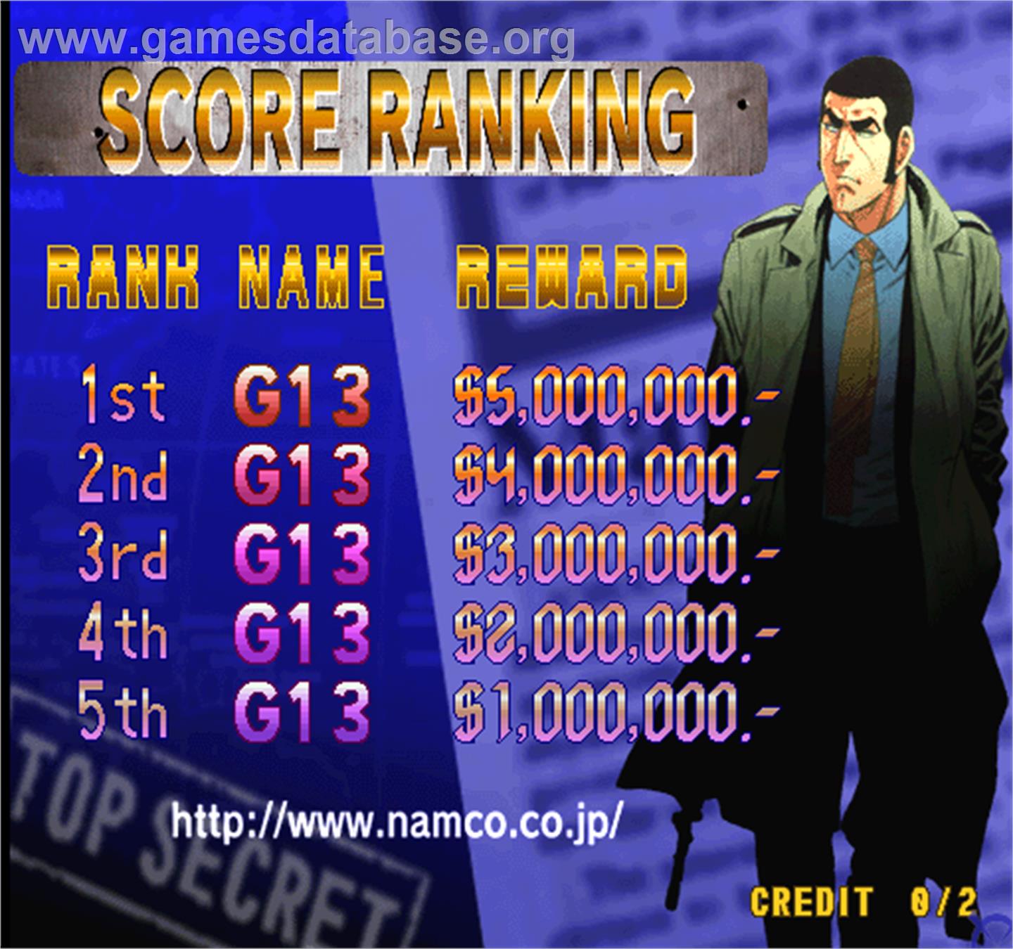 Golgo 13 Kiseki no Dandou - Arcade - Artwork - High Score Screen