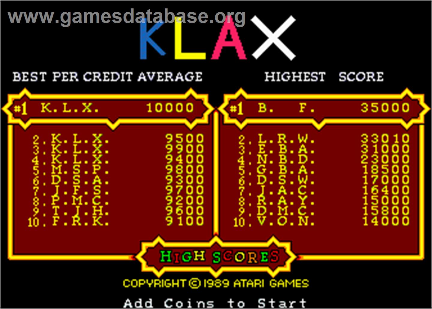 Klax - Arcade - Artwork - High Score Screen