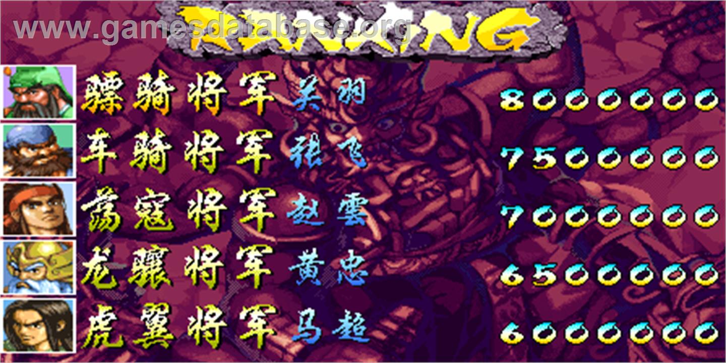 Knights of Valour Super Heroes / Sangoku Senki Super Heroes - Arcade - Artwork - High Score Screen