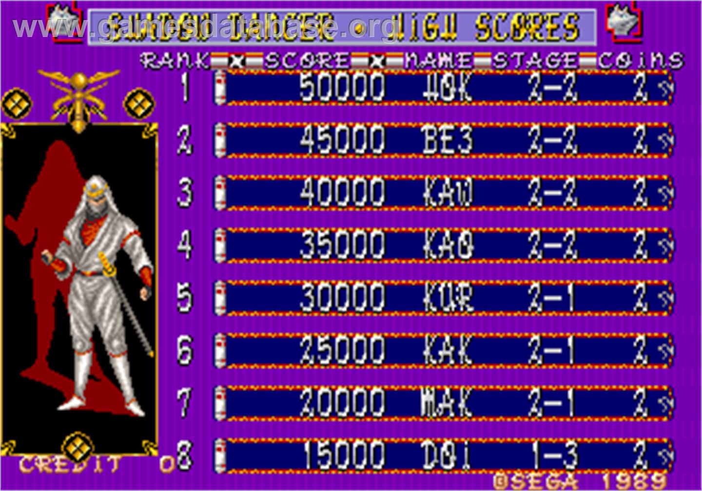 Shadow Dancer - Arcade - Artwork - High Score Screen