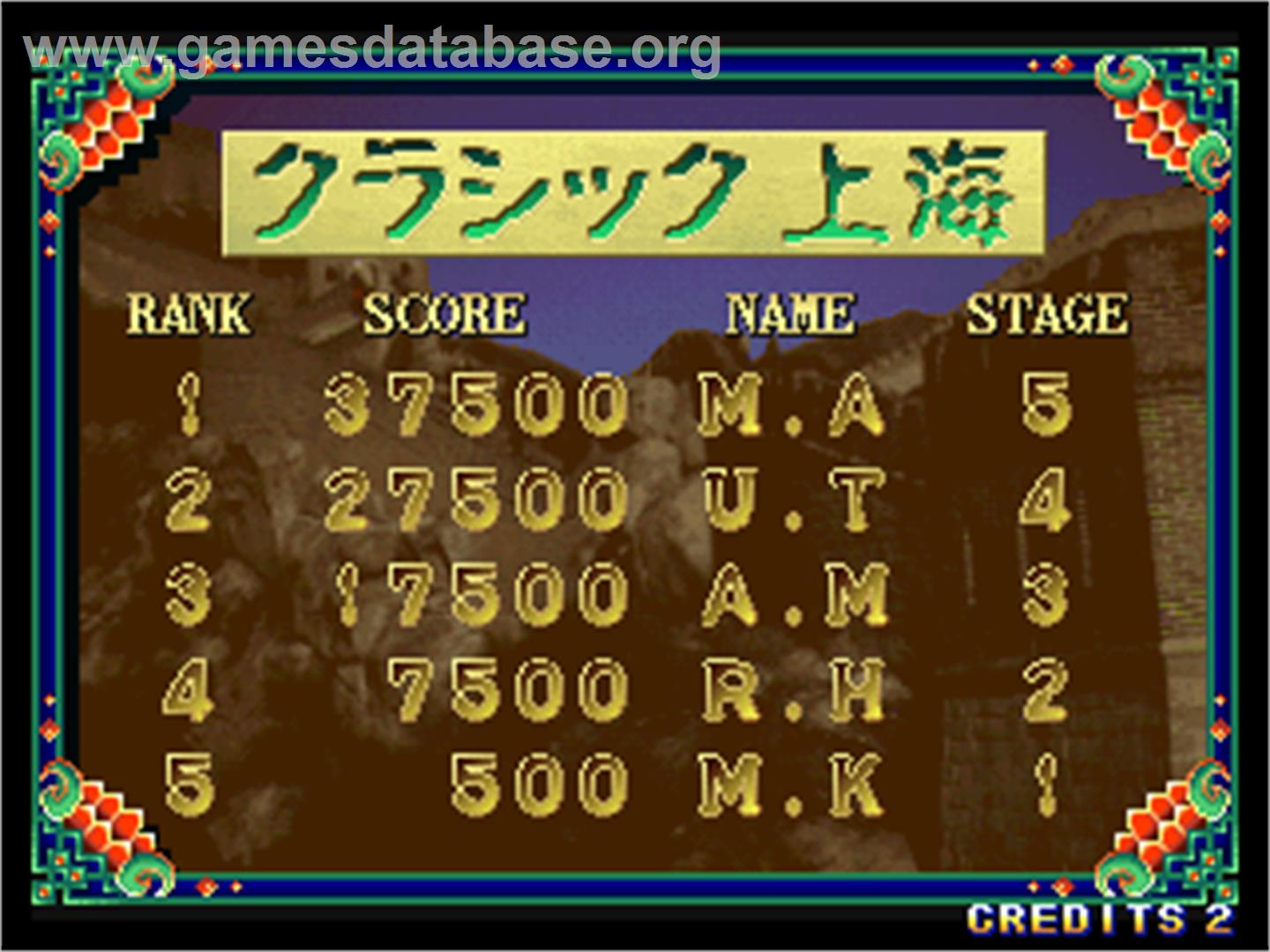 Shanghai - The Great Wall / Shanghai Triple Threat - Arcade - Artwork - High Score Screen