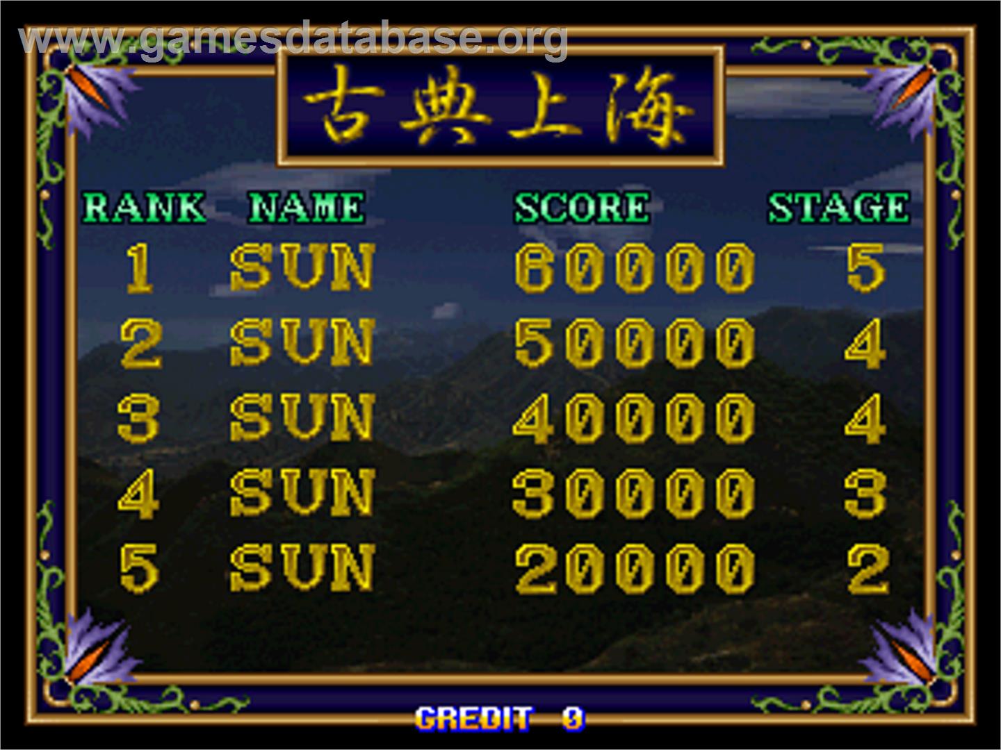 Shanghai Matekibuyuu - Arcade - Artwork - High Score Screen