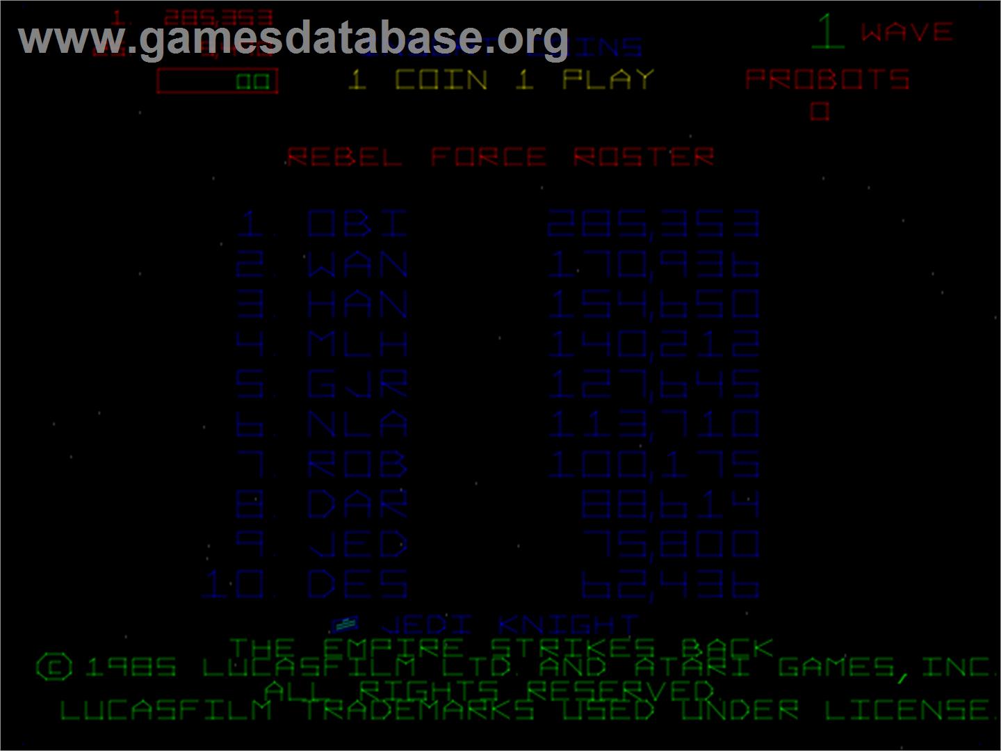 The Empire Strikes Back - Arcade - Artwork - High Score Screen