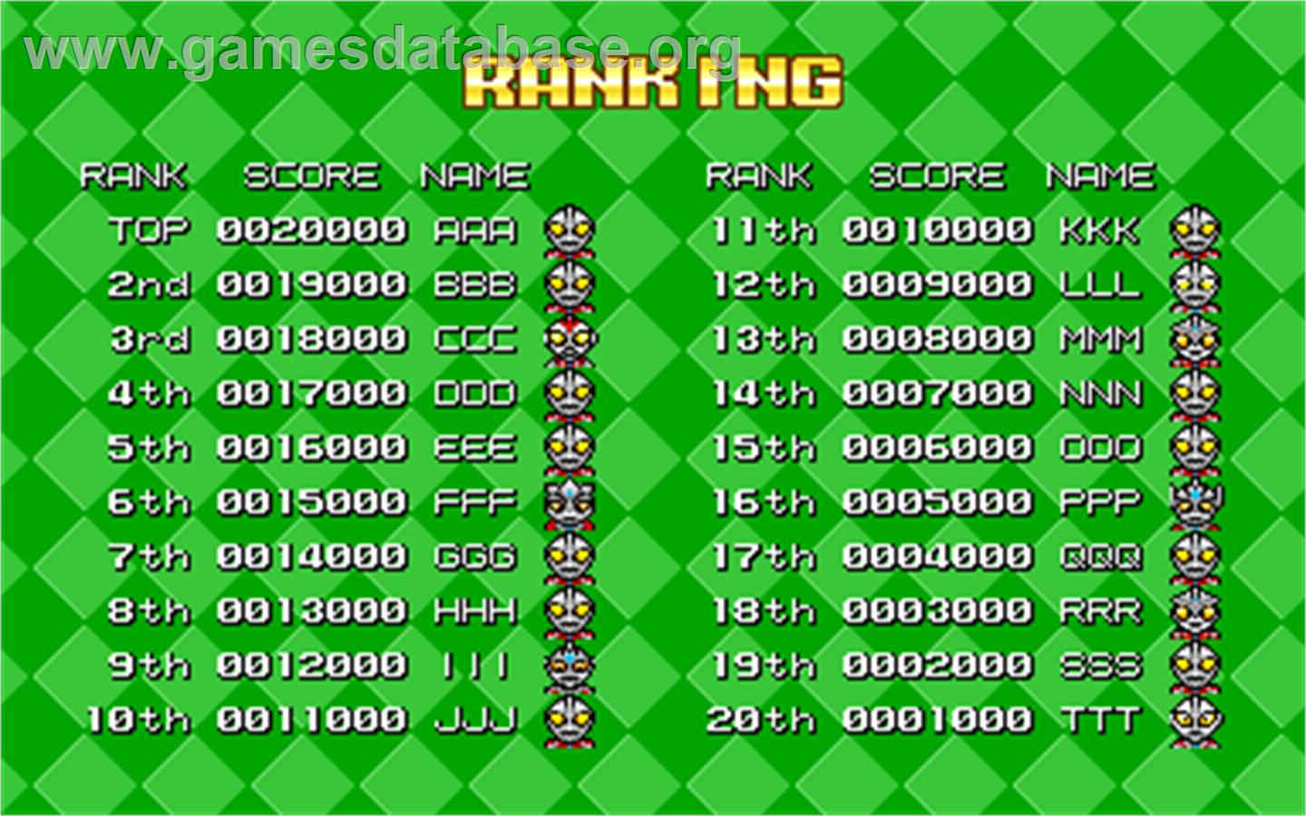 Ultraman Club - Tatakae! Ultraman Kyoudai!! - Arcade - Artwork - High Score Screen