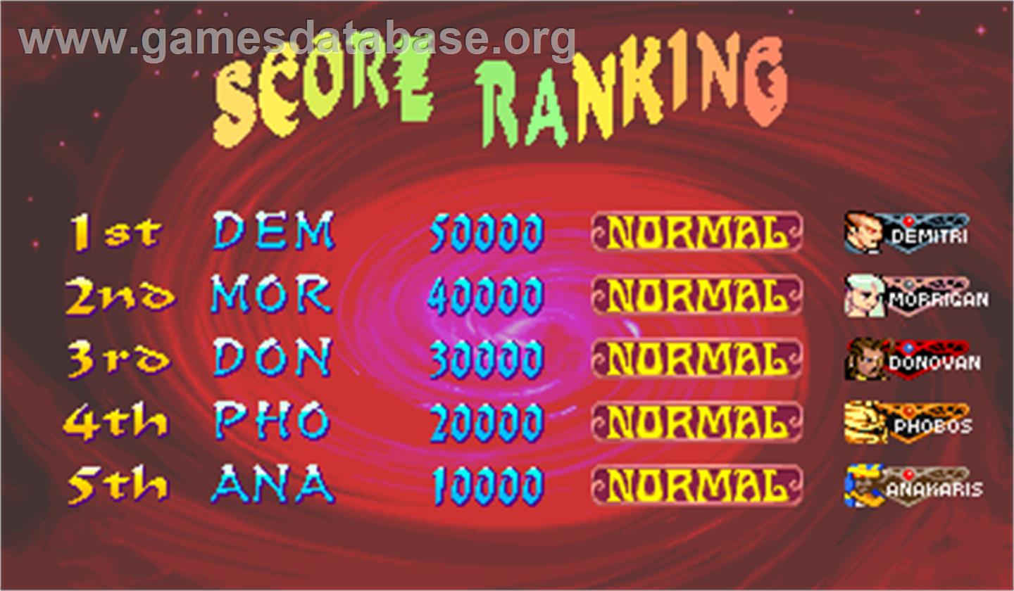 Vampire Hunter 2: Darkstalkers Revenge - Arcade - Artwork - High Score Screen
