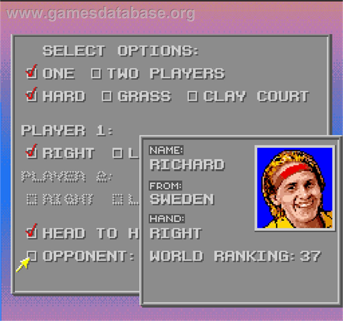 David Crane's Amazing Tennis - Arcade - Artwork - Select Screen