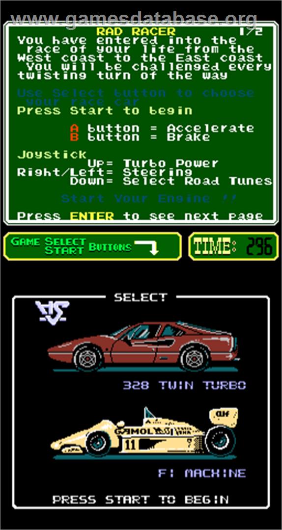 Rad Racer - Arcade - Artwork - Select Screen