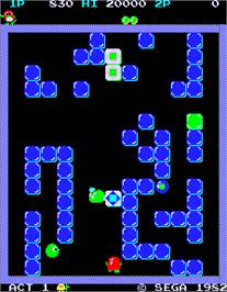 In game image of Pengo on the Arcade.