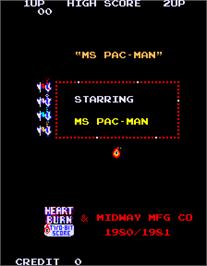 Title screen of Ms. Pac-Man Heart Burn on the Arcade.