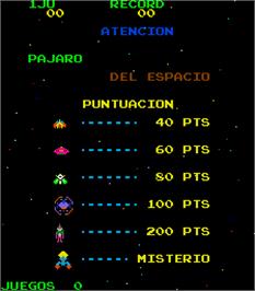 Title screen of Pajaro del Espacio on the Arcade.