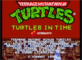 Title screen of Teenage Mutant Ninja Turtles - Turtles in Time on the Arcade.