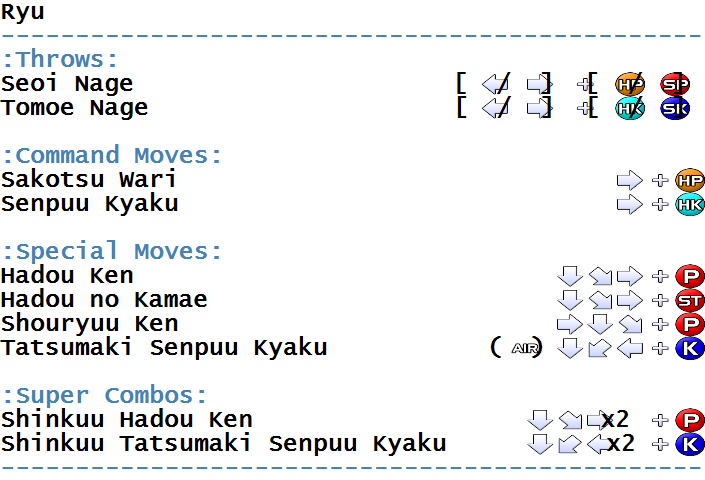 Street Fighter Alpha 2 - Ryu Move List 