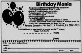 Advert for Birthday Mania on the Atari 2600.