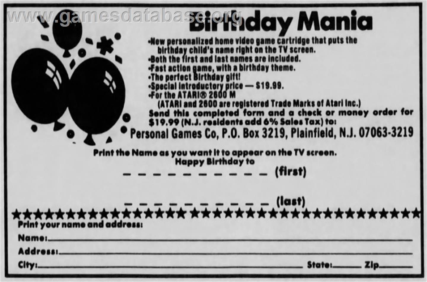 Birthday Mania - Atari 2600 - Artwork - Advert