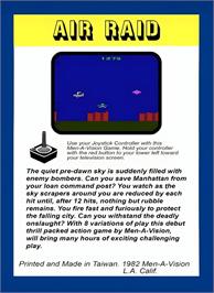 Box back cover for Air Raid on the Atari 2600.