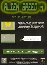 Box back cover for Alien Greed 4 - Adventure on the Atari 2600.