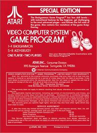 Box back cover for Backgammon on the Atari 2600.