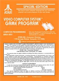 Box back cover for Basic Programming on the Atari 2600.