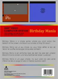 Box back cover for Birthday Mania on the Atari 2600.