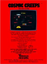 Box back cover for Cosmic Creeps on the Atari 2600.
