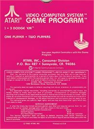 Box back cover for Dodge 'em on the Atari 2600.
