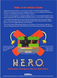 Box back cover for H.E.R.O. on the Atari 2600.