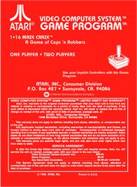 Box back cover for Maze Craze: A Game of Cops 'n Robbers on the Atari 2600.