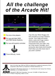 Box back cover for Moon Patrol on the Atari 2600.
