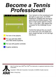 Box back cover for RealSports Tennis on the Atari 2600.
