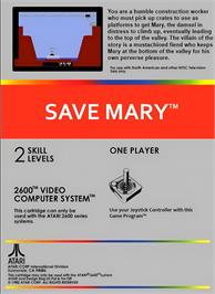 Box back cover for Save Mary! on the Atari 2600.