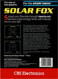 Box back cover for Solar Fox on the Atari 2600.