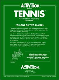 Box back cover for Tennis on the Atari 2600.