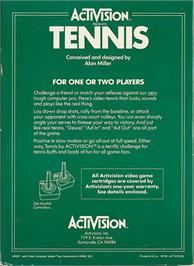 Box back cover for Tennis on the Atari 2600.