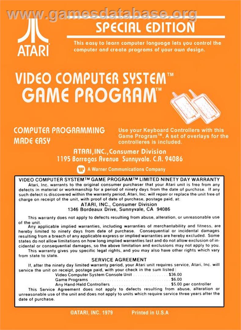 Basic Programming - Atari 2600 - Artwork - Box Back