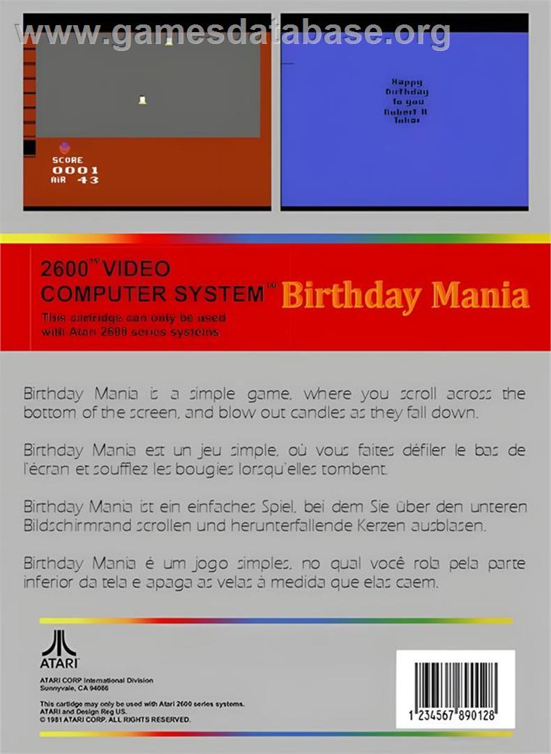 Birthday Mania - Atari 2600 - Artwork - Box Back