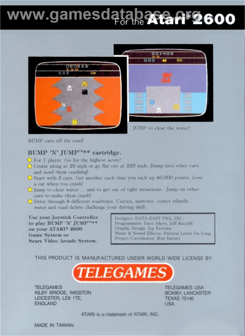 Bump 'N' Jump - Atari 2600 - Artwork - Box Back