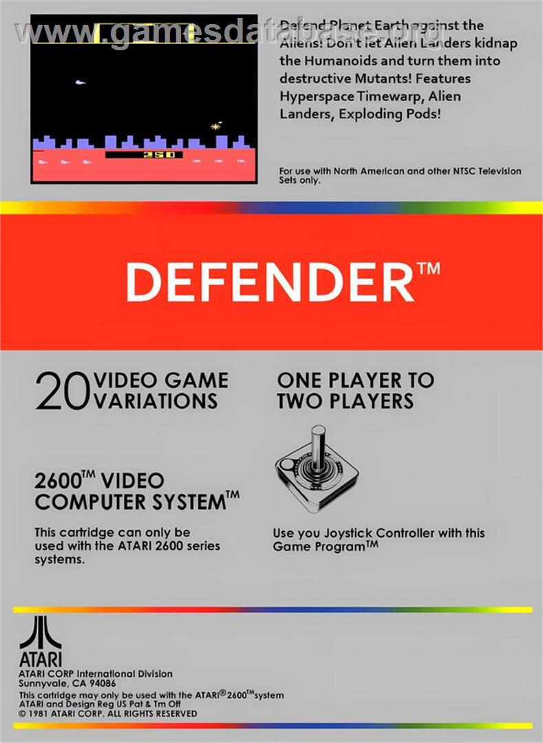 Defender - Atari 2600 - Artwork - Box Back