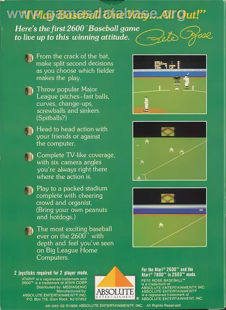 Pete Rose Baseball - Atari 2600 - Artwork - Box Back